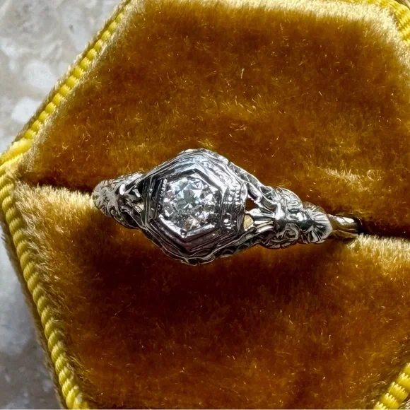 Antique Filigree 14k White Gold Old Mine Cut Diamond Engagement Ring - Picture 11 of 16